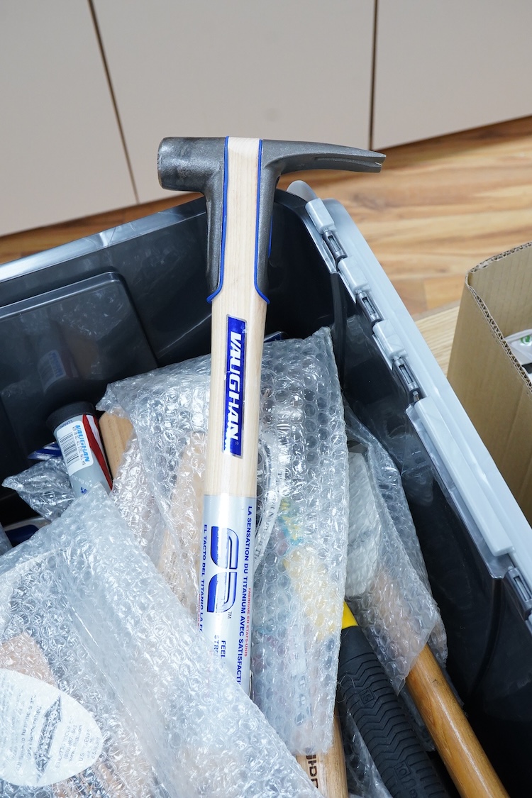 A collection of heavy duty hammers, framing hammers, and axes, including; 13 hammers by Vaughan, U.S.A., plus nine others by Stiletto, etc., and 14 carpenters axes and hatchets by James Howarth, Gransfars Bruks, Agdor of